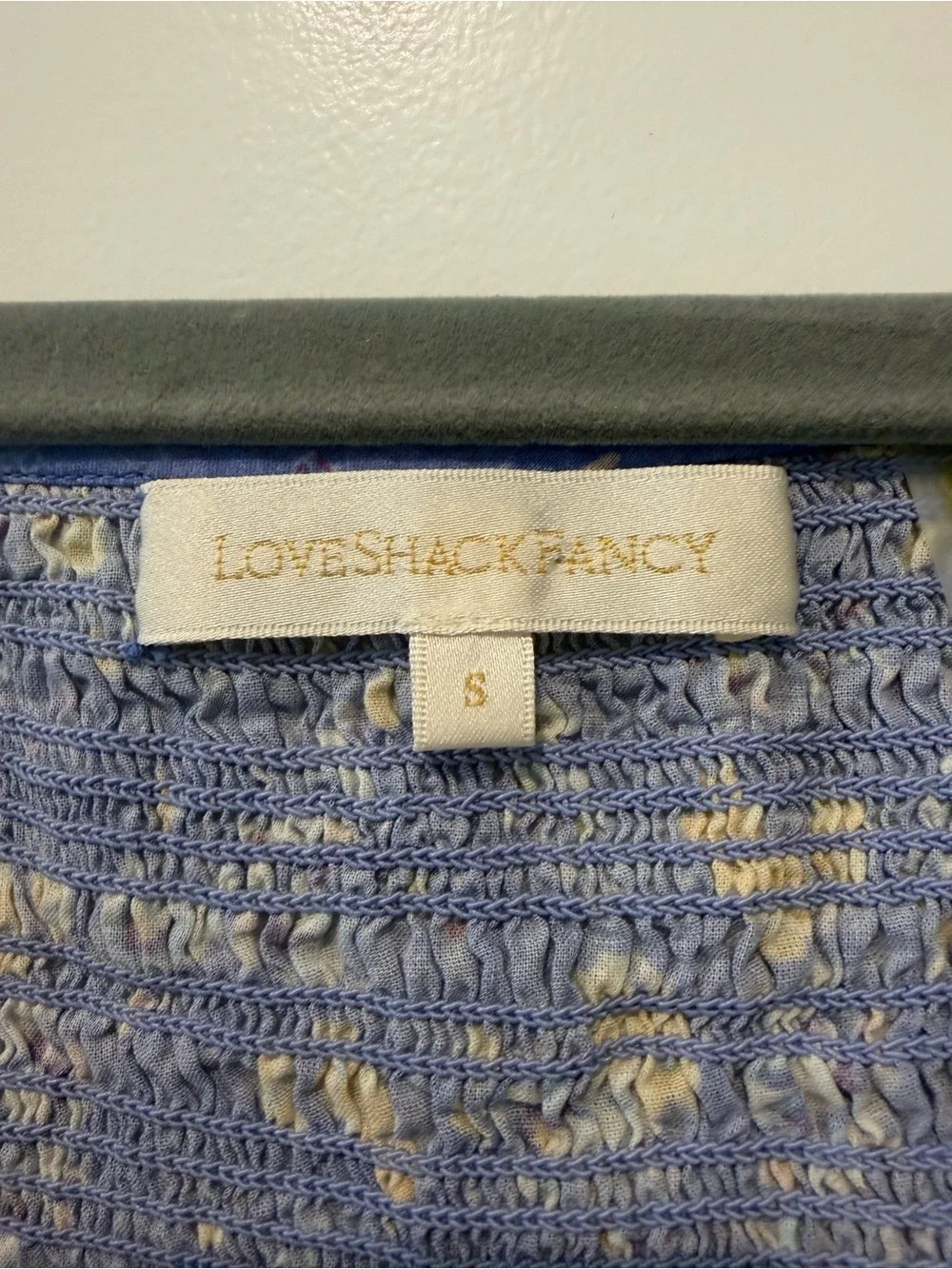LoveShackFancy Blue Floral Smocked Puff-Sleeve Crop Top